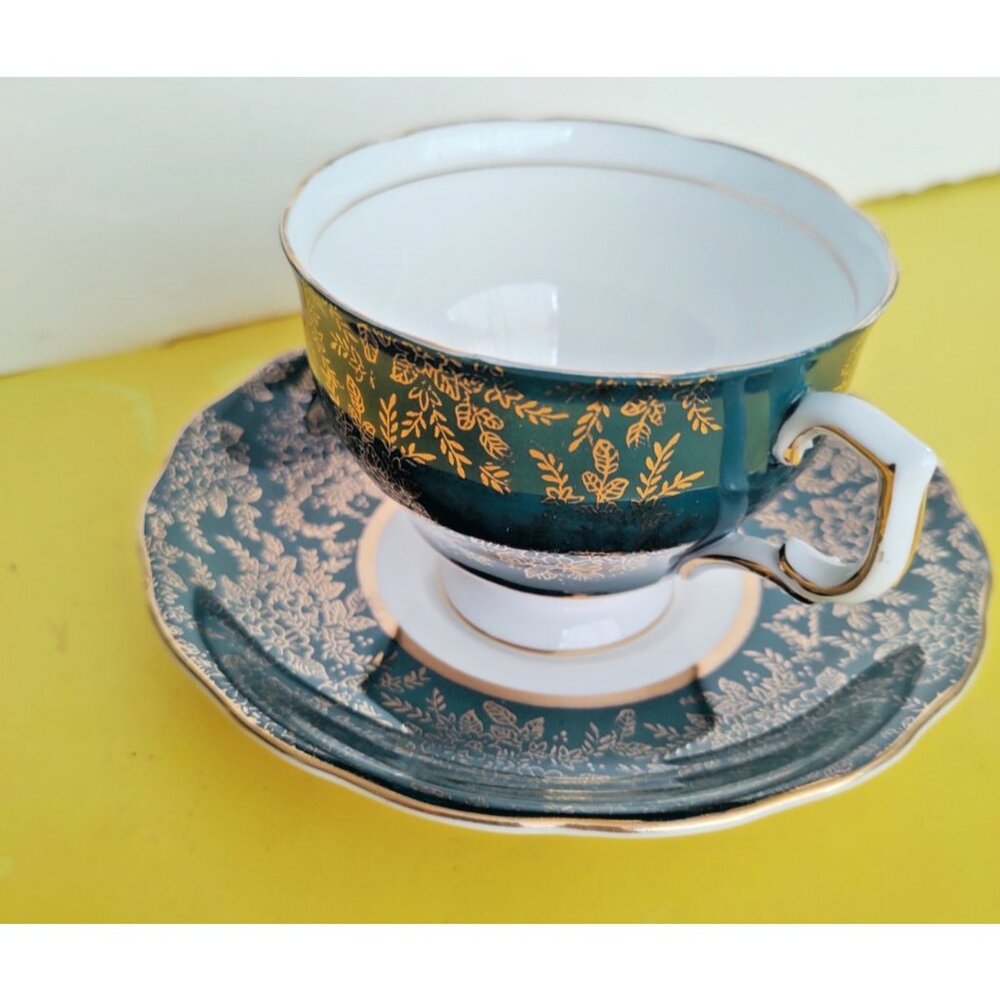 Vintage Colclough Teacup and Saucer set Corset Gold Gilt Forest green
